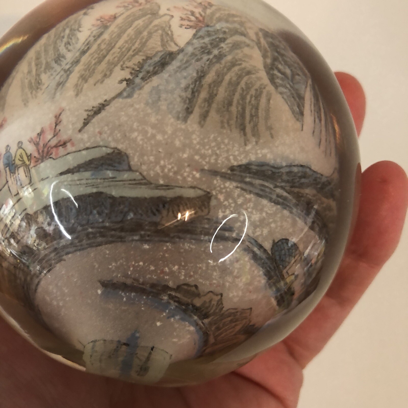 Vintage Chinese Reverse Painted Glass Ball Sphere paper weight Asian scene