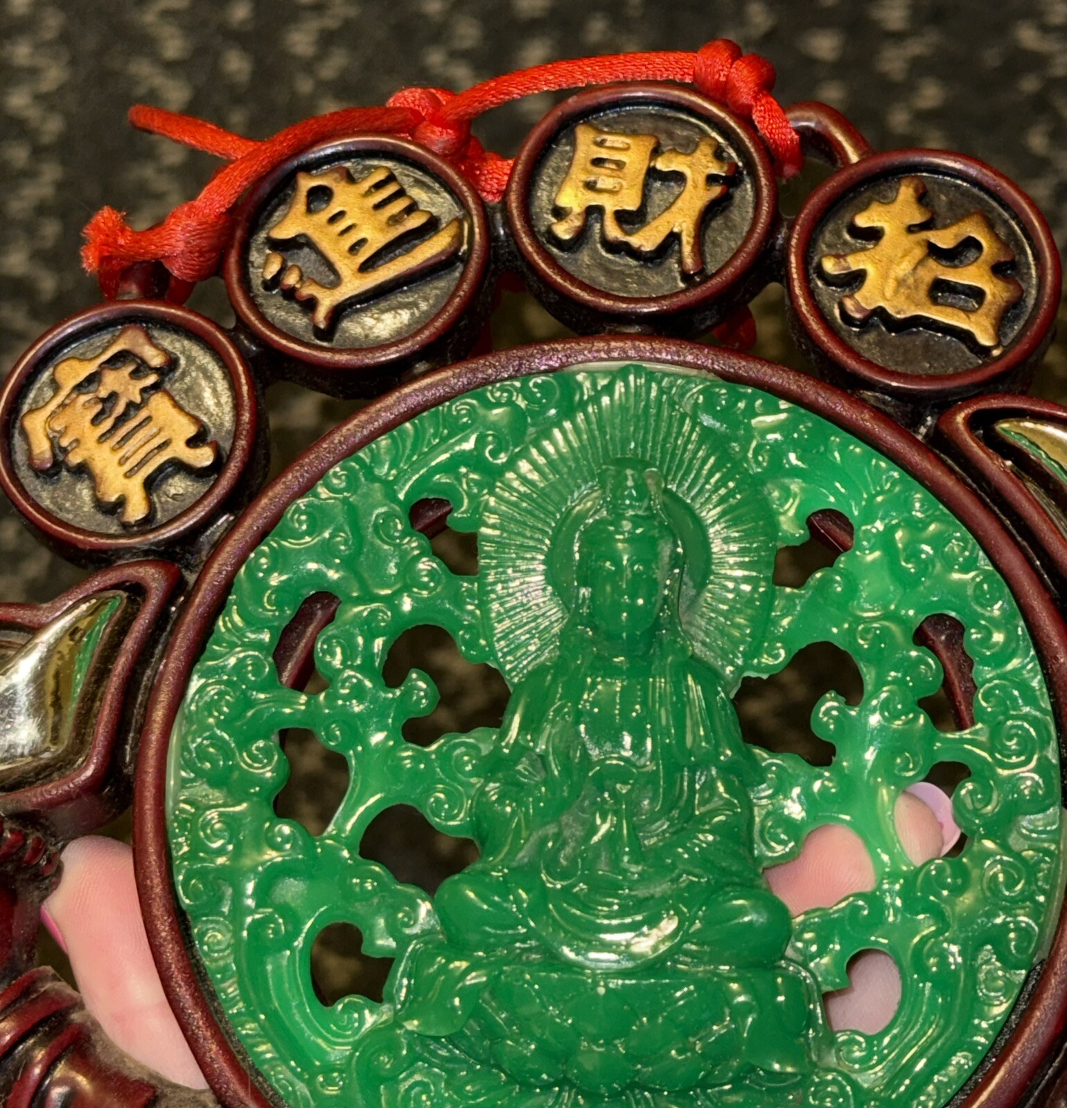Vtg Chinese Culture Red Knot Happy Buddha Resin Green Faux Jade Wall Hanging