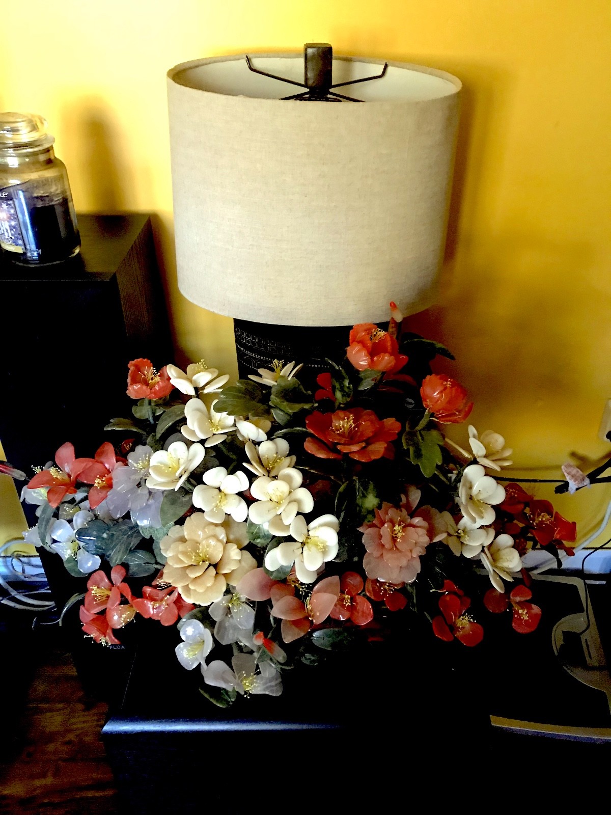 Vintage Chinese Bansai Pink / White Flowers-Jade Leaves /Jade Base -20 pounds