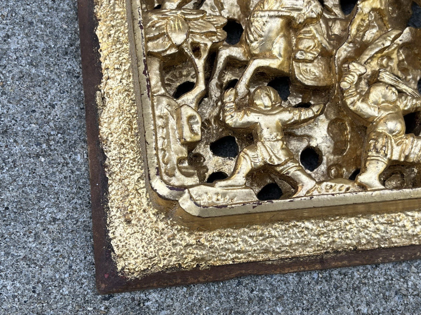 Antique Asian Chinese Gold Gilded Carved Warrior Wood Panel