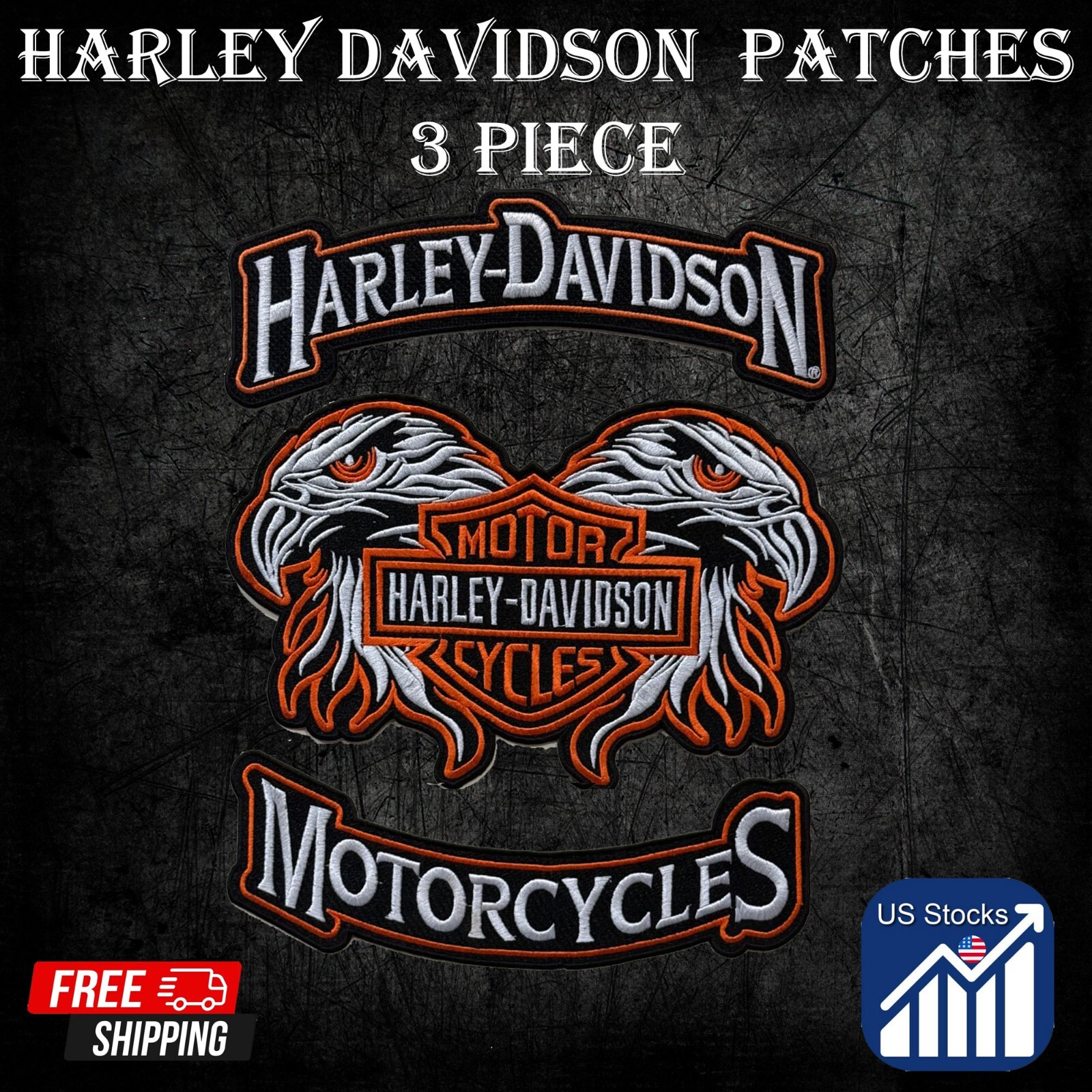 Harley Davidson Set of 3 Double Eagle Patch – Embroidered Motorcycle Iron/sew on