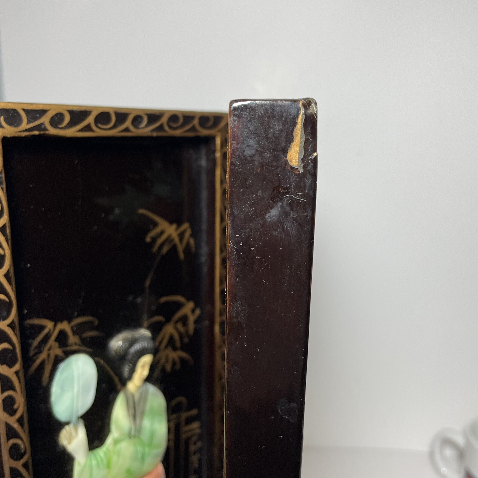Vintage Oriental Black Lacquer Mother Of Pearl Geisha 4 Panel Screen 18”x14” SEE