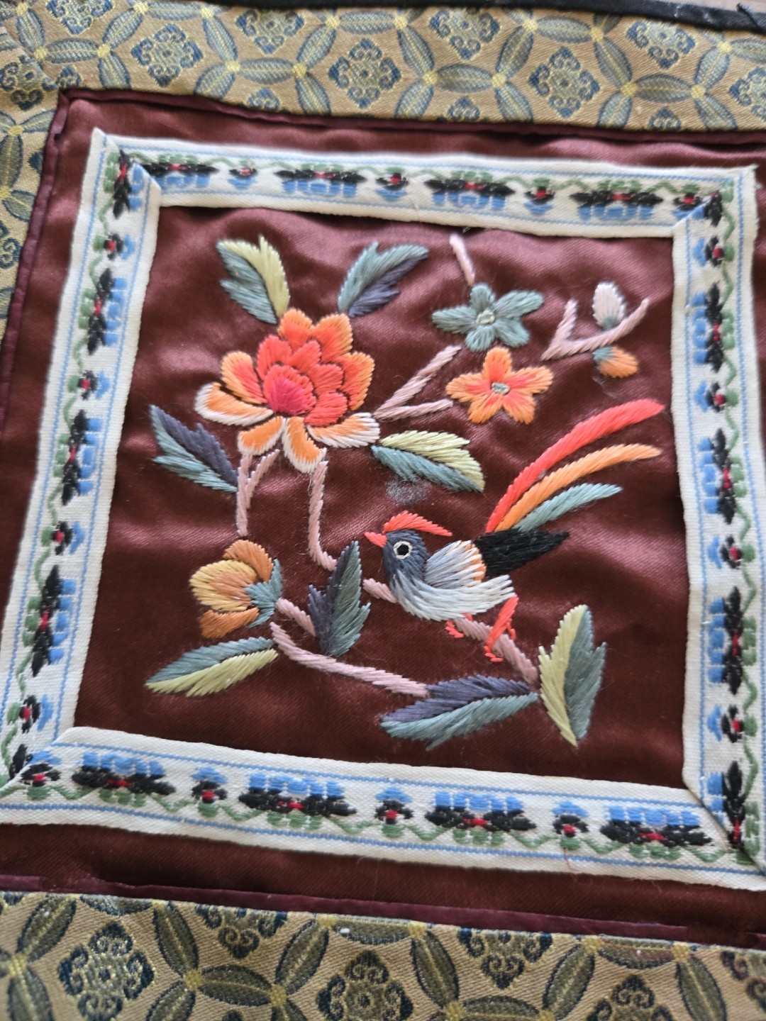 Vintage Chinese Hand Embroidered Silk Panel Butterfly & Flowers 11″x10 1/4″