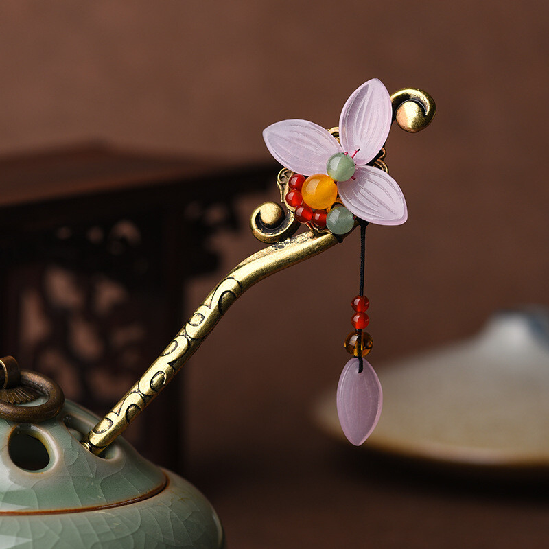 China Alloy/Coloured Glaze/Agate Peach Flower Tibetan Style Exquisite Hairpin