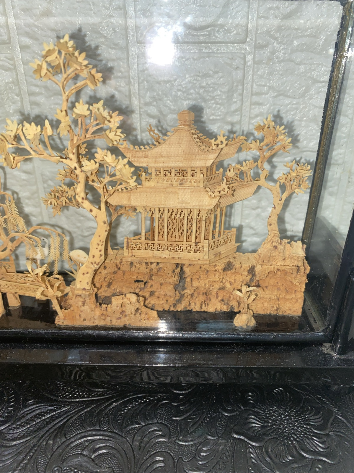 Vintage Chinese SanYou Diorama Handmade Cork Carvings Of Cranes Pagoda & Trees