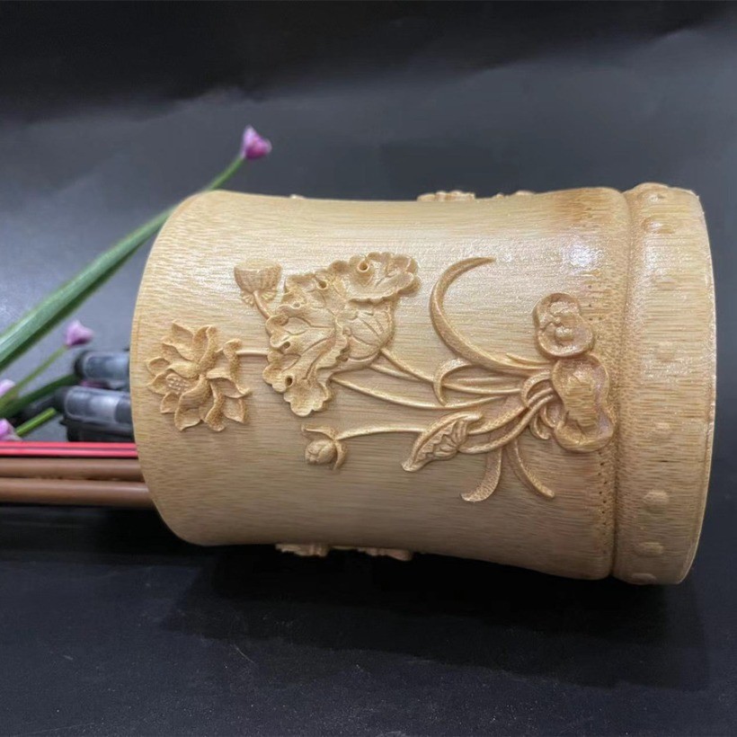 Bamboo Carved Lotus Pen Holder 4.72in Chinese Desk Decor