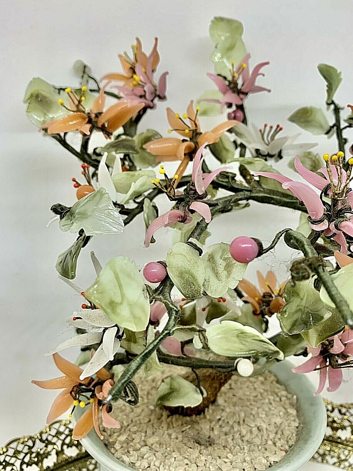 Vintage 11″ Jade Glass Bonsai Tree Japanese Oriental multi-color blooms in a Pot