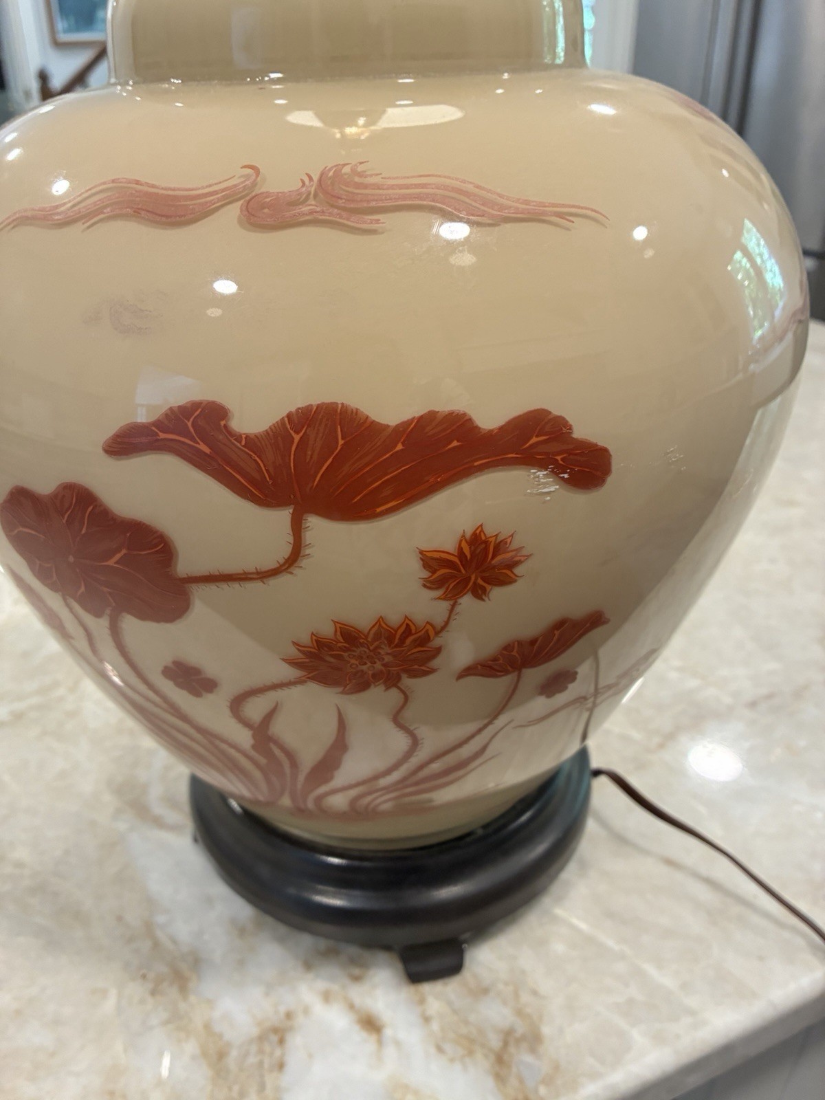 Asian Tanner Kenzie Style Ginger Lamp Raised Lotus Flowers 27″ Read