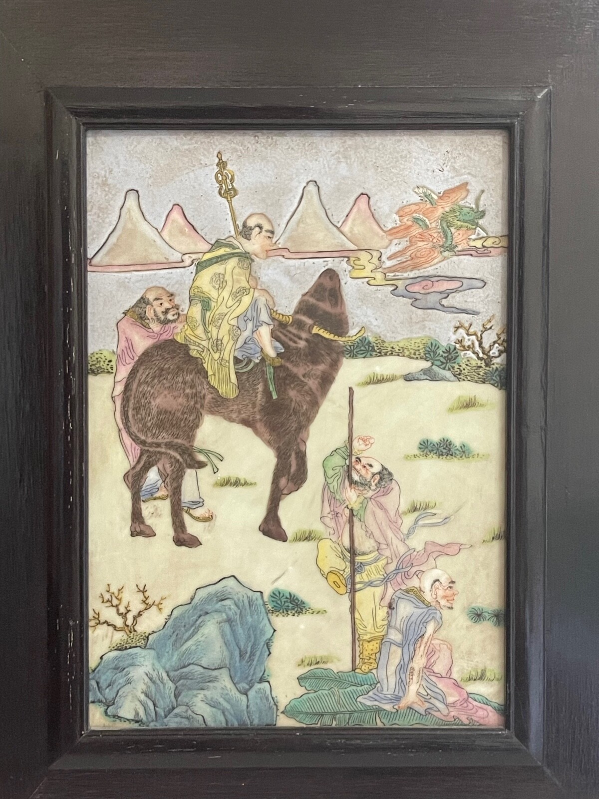 Vintage Chinese Framed Ceramic Plaque w/ Painted Man Figures & Dragon