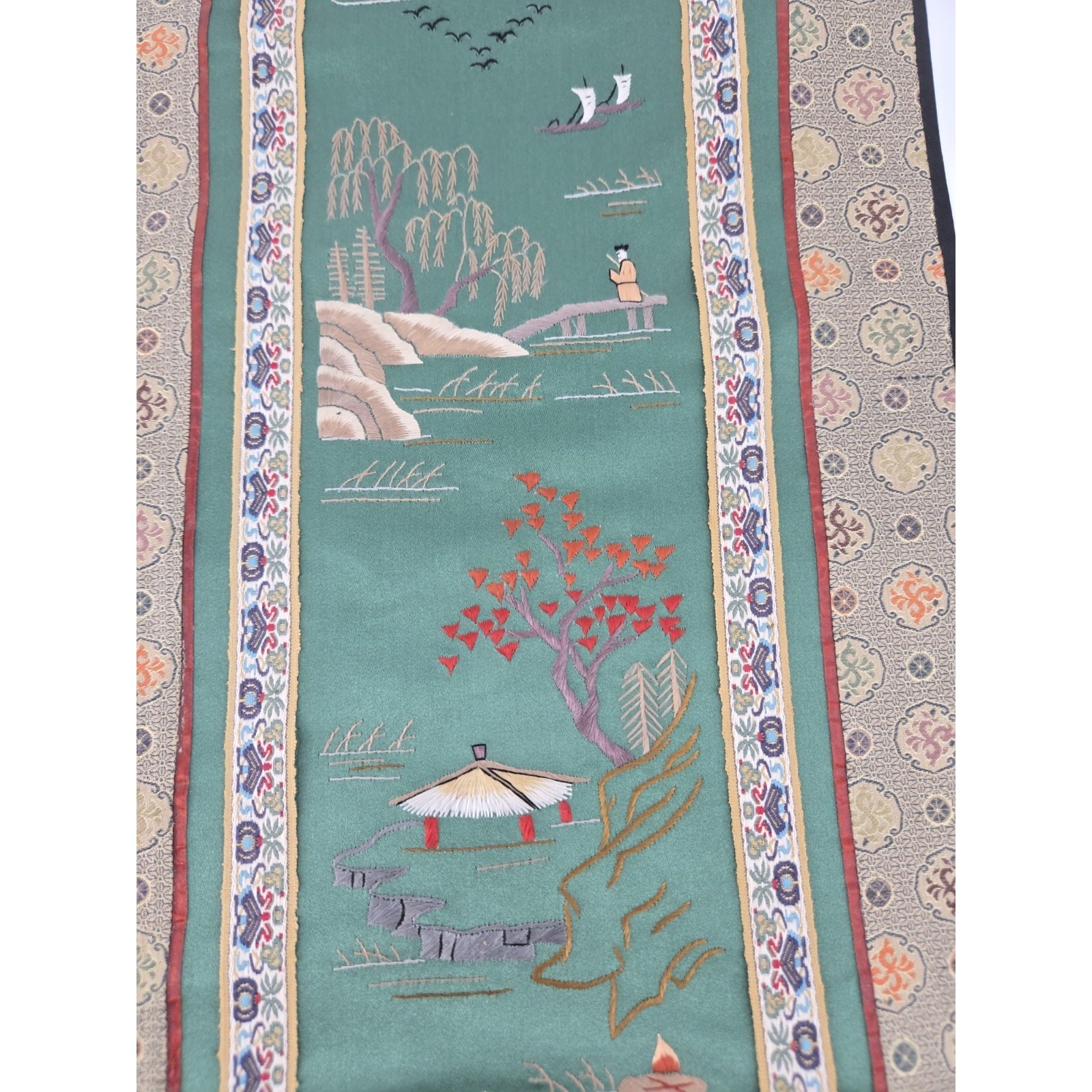 Vintage Chinese Hand Embroidered Silk Pagoda Tapestry Decorative Fabric Panel
