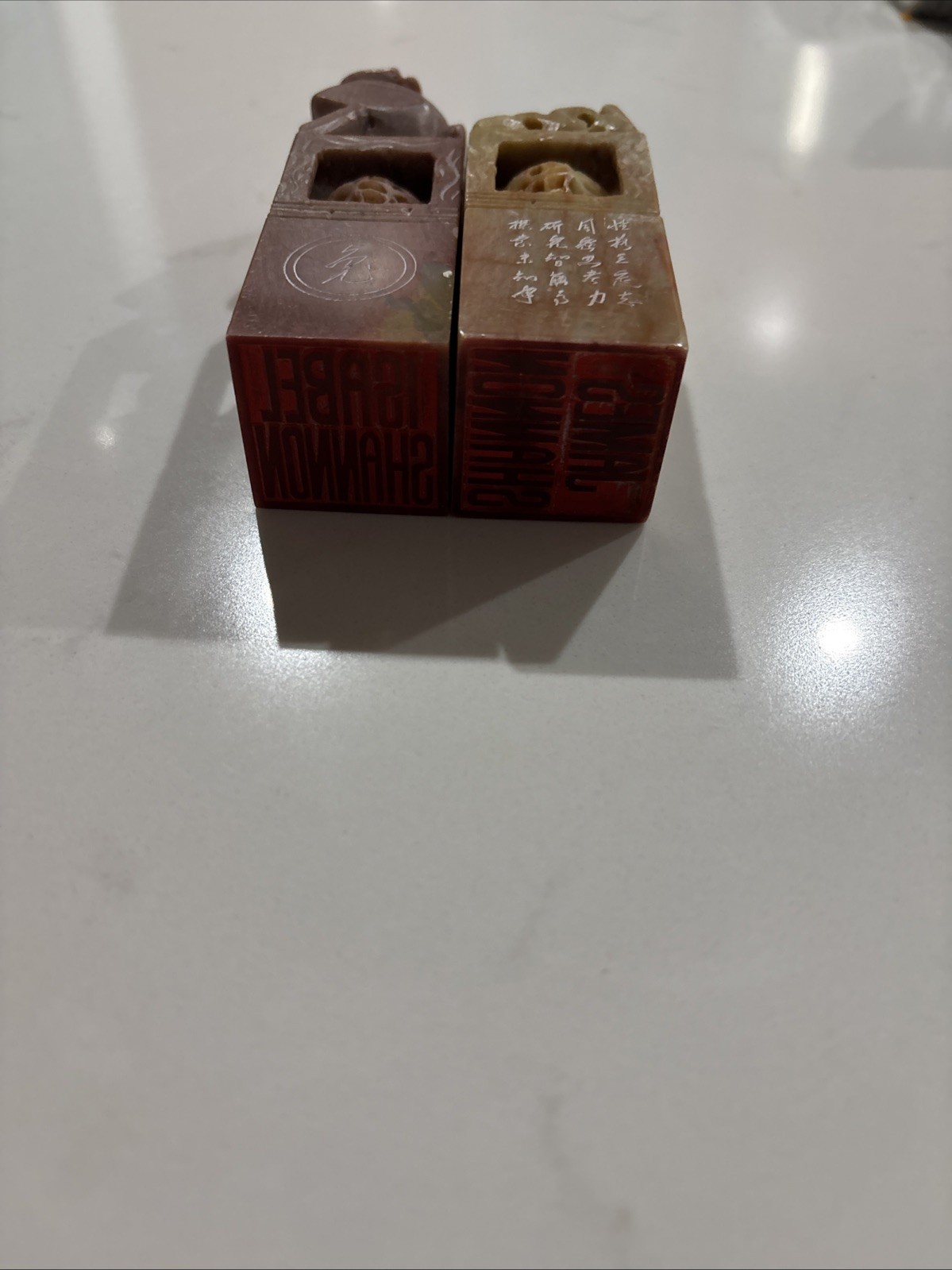 Two CHINESE JADE / SOAPSTONE SEALS STAMP WITH BOXes With The Names