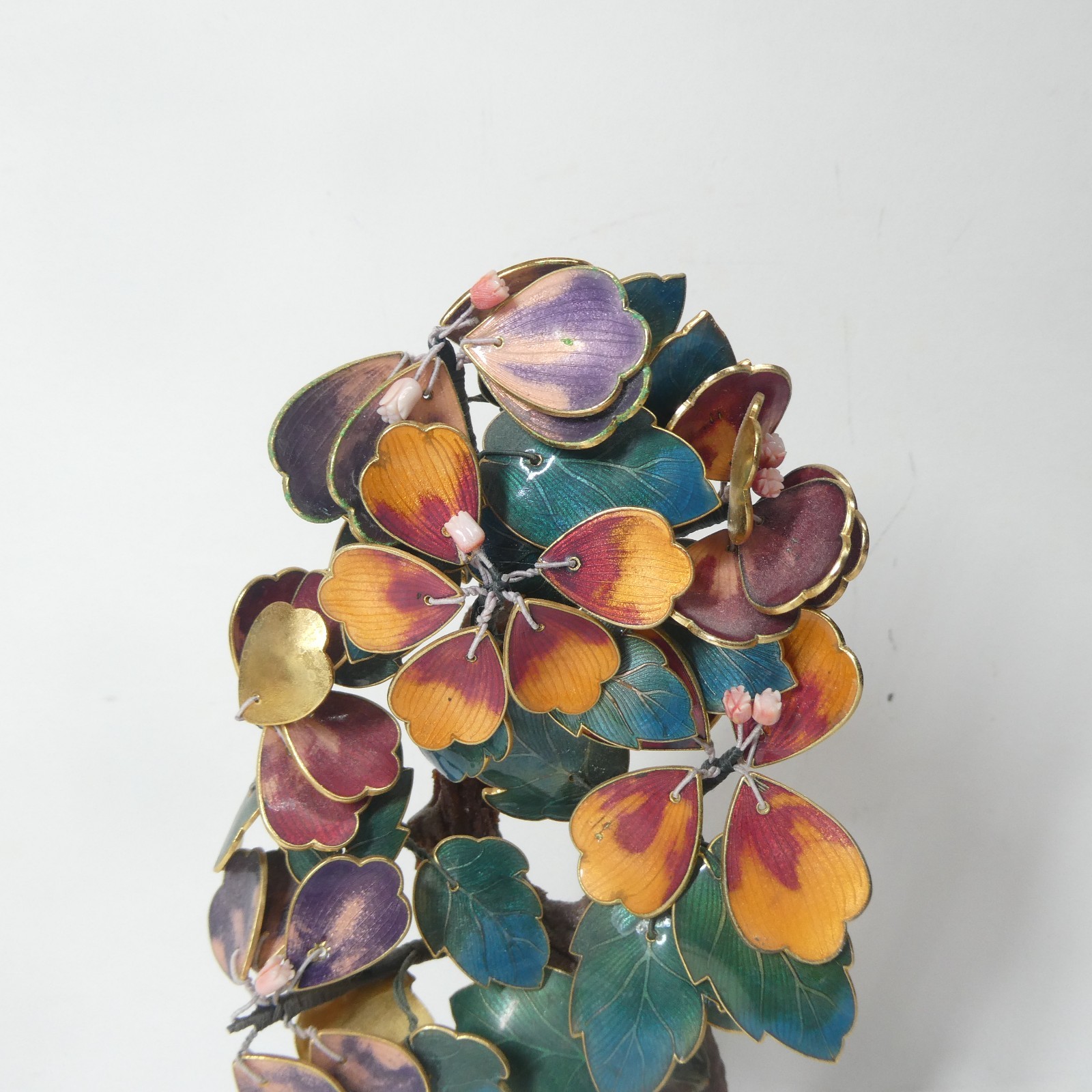 Cloisonne Enamel Brass Bonsai Tree w/ Pot Colorful Flowers 8″ Vintage
