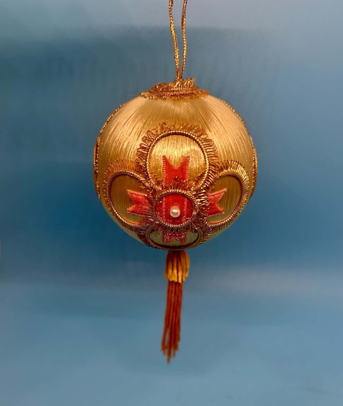 Vintage Asian Silk Thread Ball Ornament Tassel Gold Coral Pink Hanging Decor 3”