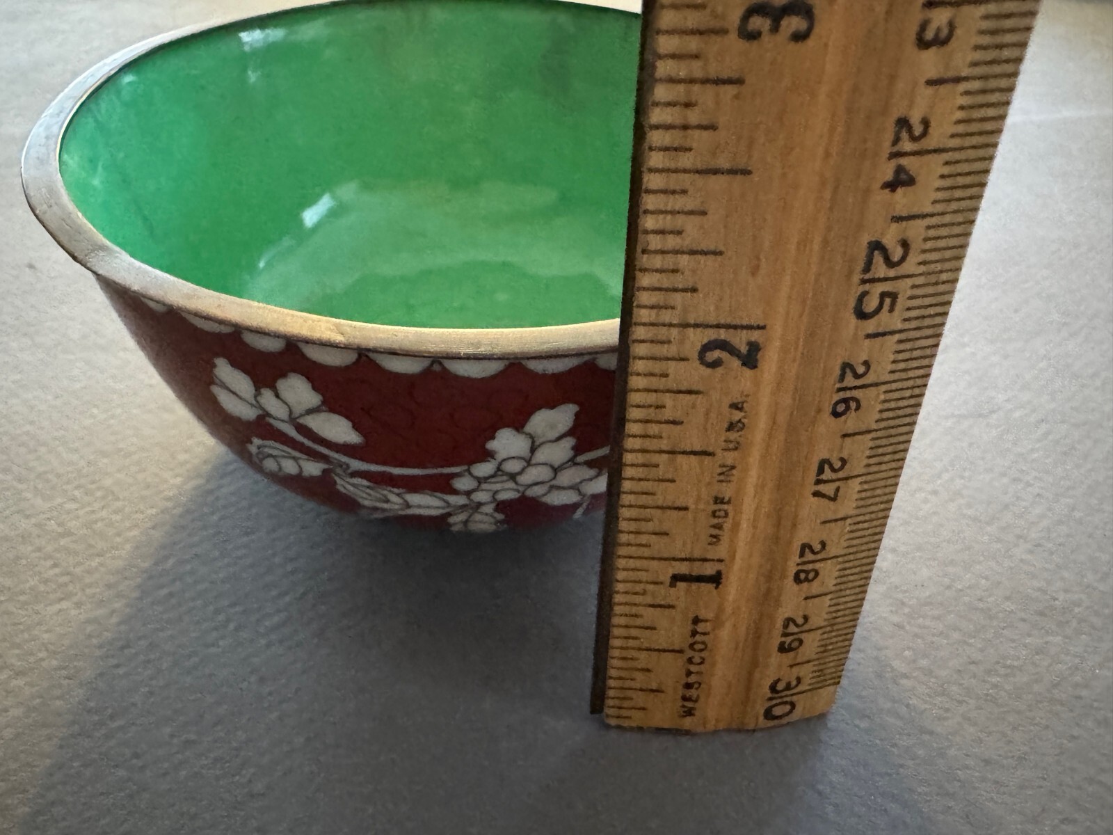 RUST RED/BROWN GREEN INTERIOR ASIAN CHINESE CLOISONNE ZINNIA FLOWER BOWL VTG