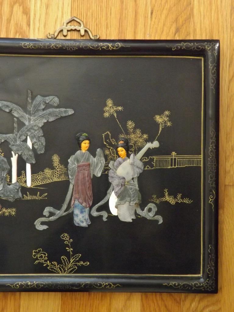 2 Asian Oriental Lacquer Mother of Pearl Wall Art Panels 14″ x 16″