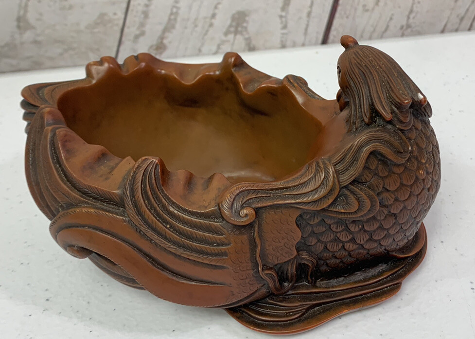 Vintage Chinese Boxwood Hand Carved Peng Bird Ashtray Trinket Box