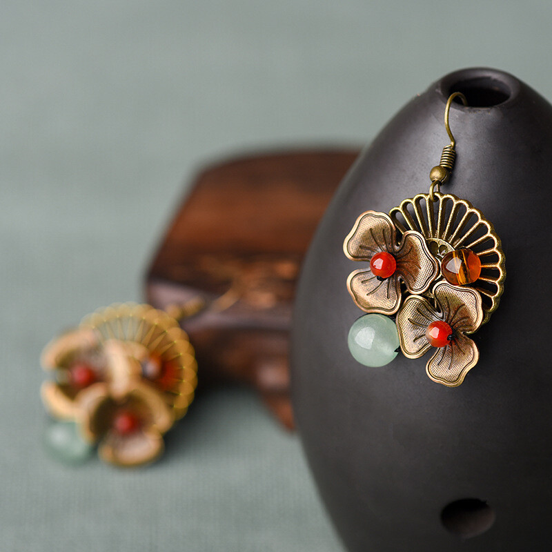 Chinese Agate/Dongling Jade Coloured Glaze Tibetan Style Vogue Earbob Earrings