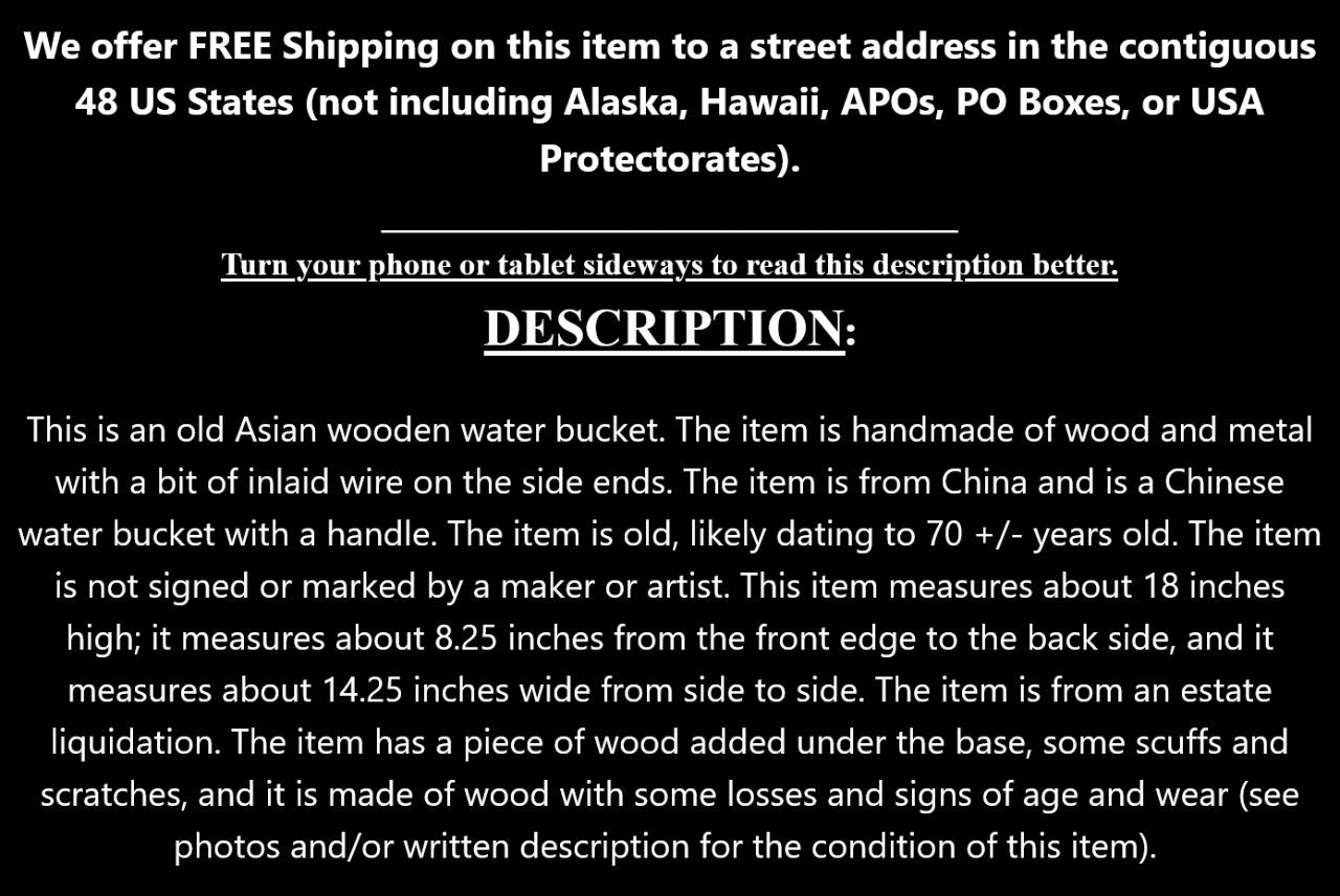 Vintage Old Antique Chinese Asian Art Wood Water Bucket Wooden Handle China Oval