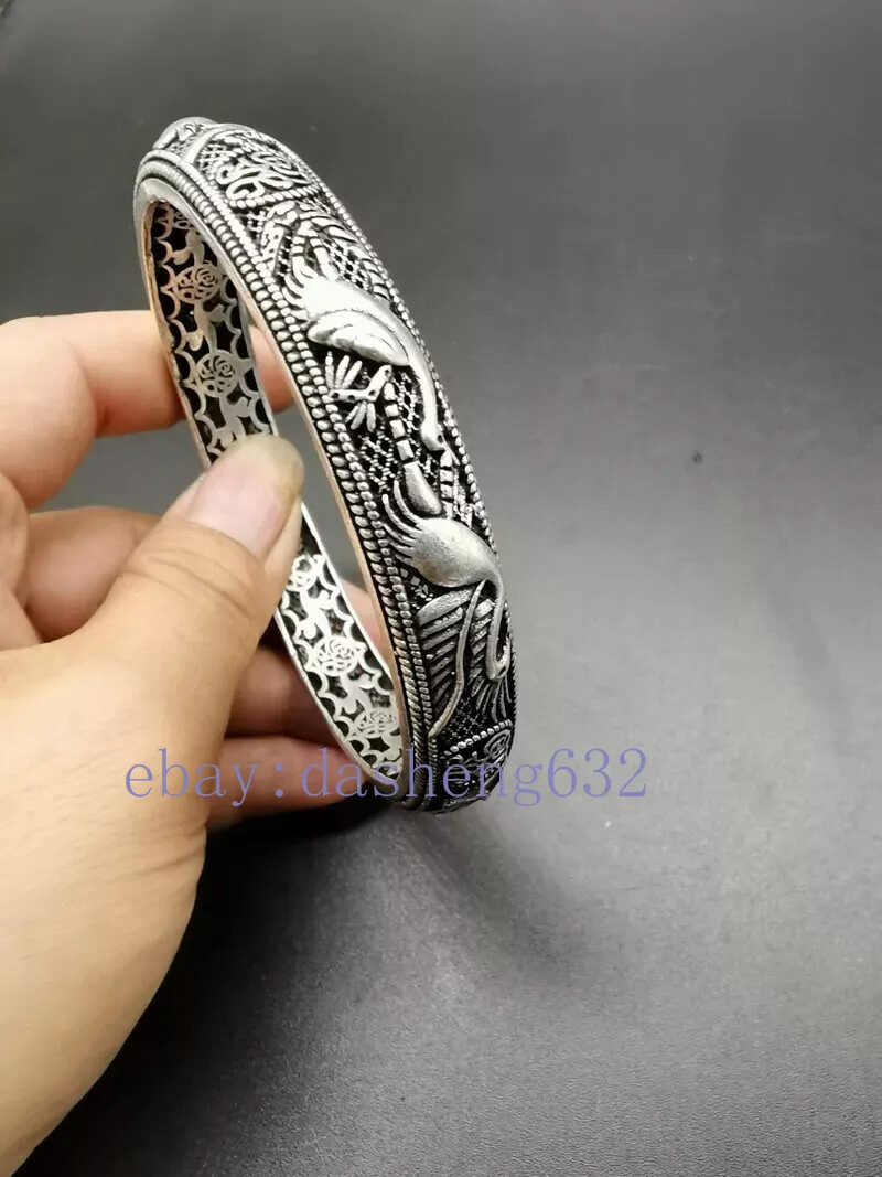 Exquisite Old Chinese handcarved crane flowers Bracelet
