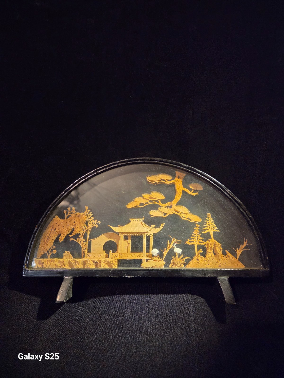 Vintage Chinese Cork Art Diorama Cranes Pagoda Trees Hand Carved in Glass Case