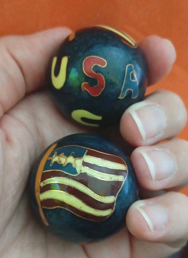 Vtg Chinese Baoding Cloisonné Balls with Brocade Box “USA” Flag Design