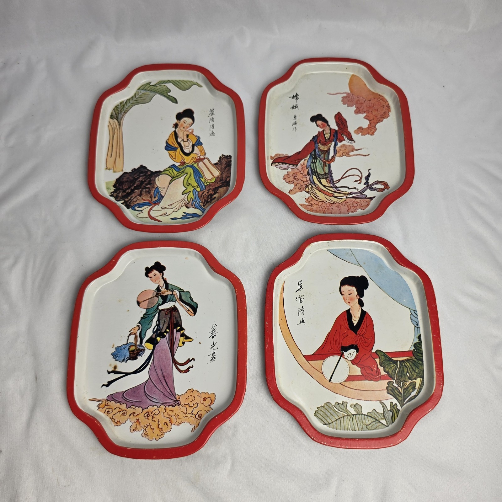 Vintage Asian Theme Tin Tray Set Of 4 Chinese Woman Geisha 1988 Hong Kong Made