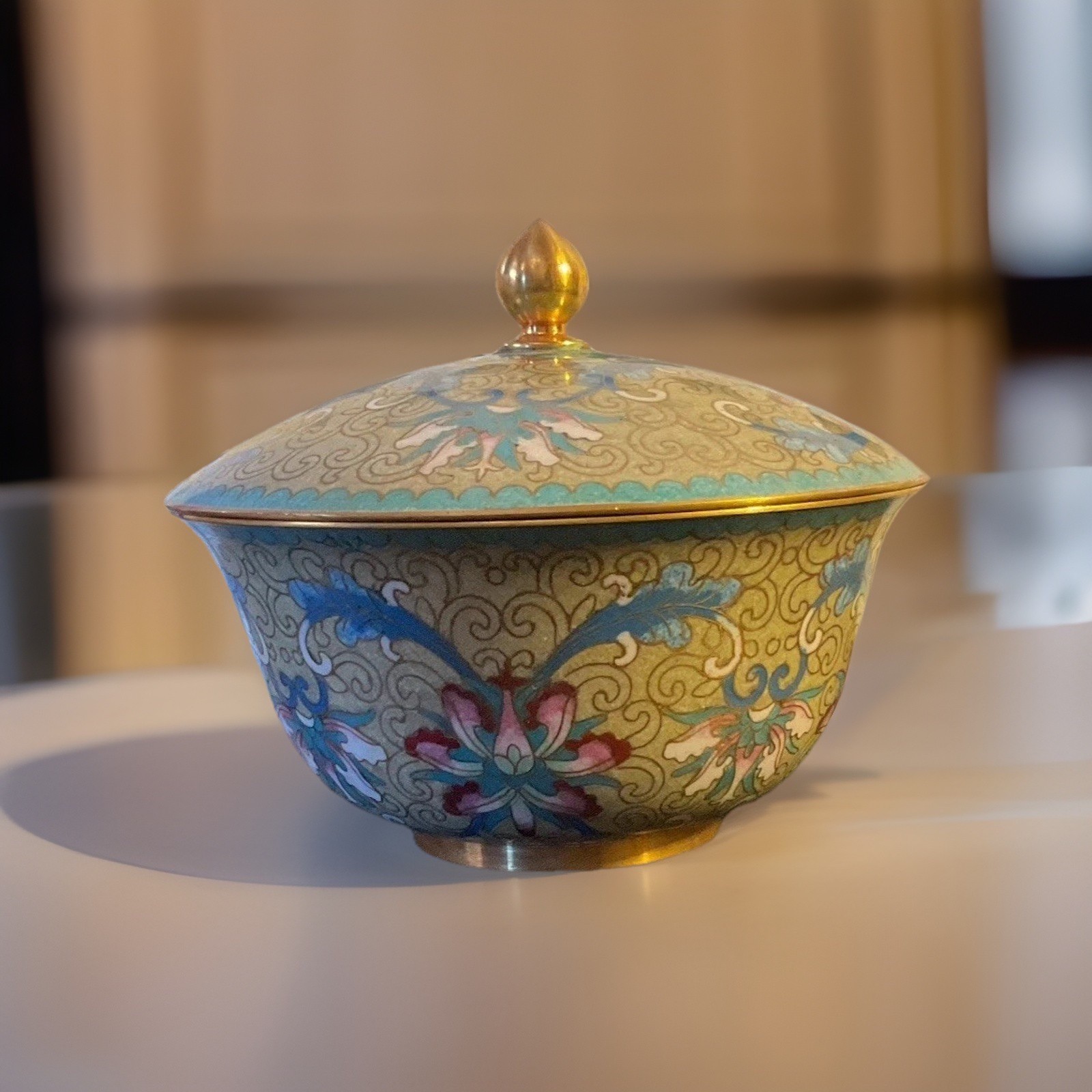 Vintage Made In The People Republic Of China Lidded Cloisonné 4.5 Tall 5 Wide