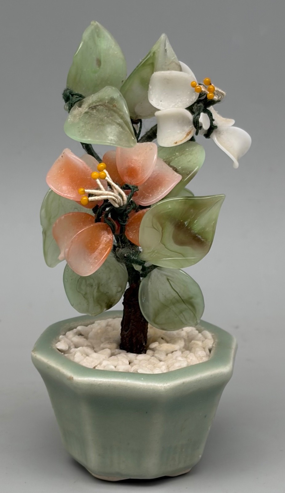 Vintage Miniature Chinese Bonsai Tree Carved Flowers & Leaves Jade 5 1/4″