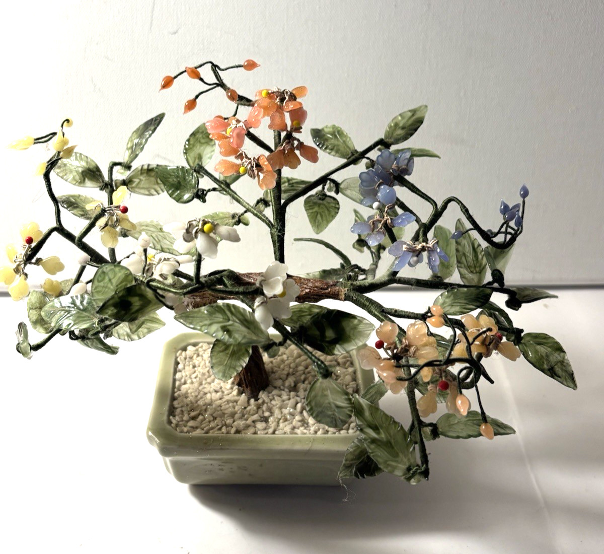 Vintage Bonsai Tree Multicolor Flowers Leaves Carved Blooms Asian