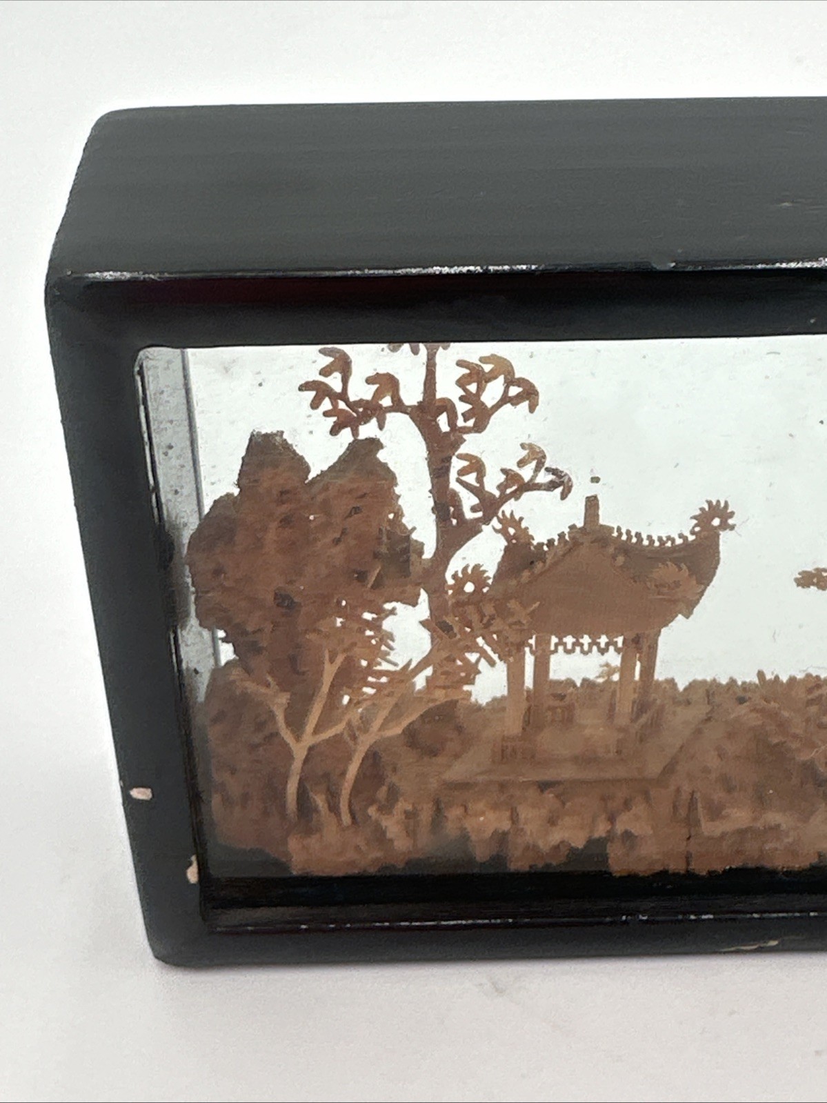 Vintage Chinese Cork Art Shadow Box Pagoda Cranes Scenic Diorama Framed C Detail
