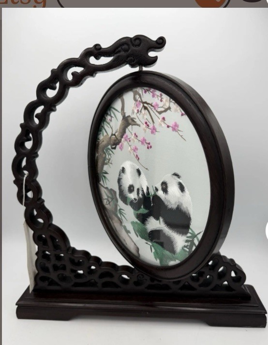 Chinese Double-Sided Silk Embroidery Panda Art Revolving Wood Round Stand 11×10