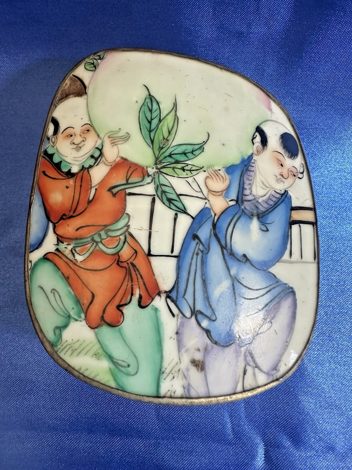 Antique Chinese Porcelain Shard Box Silver Clad Metal Trinket Box Immortal Peach