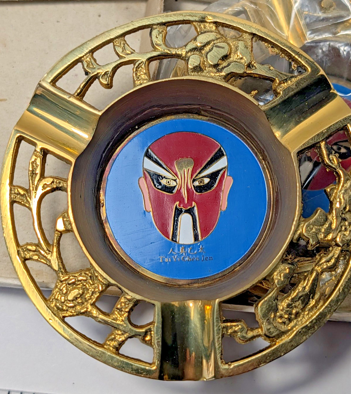 Vintage Set of 4 Brass Chinese Peking Opera Mask Ashtrays – Original Box Taiwan