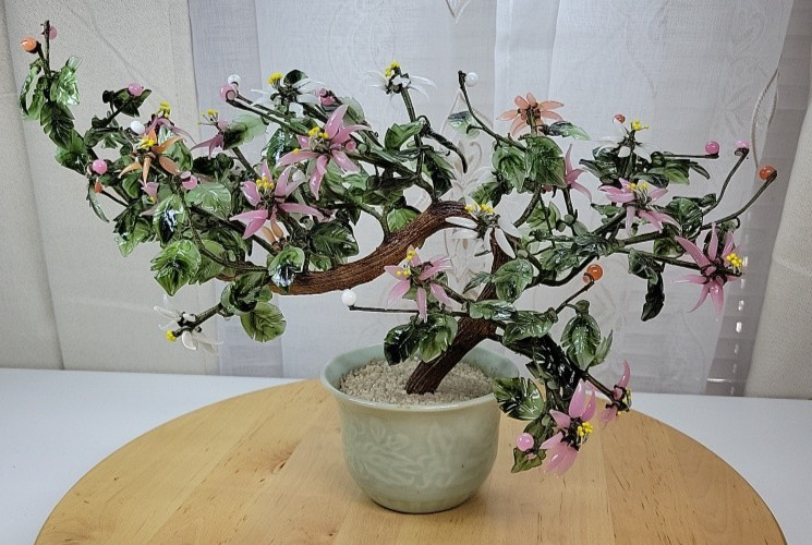 VTG Chinese Flowering Plastic Glass Jade Bonsai Tree Celadon Porcelain Cachepot