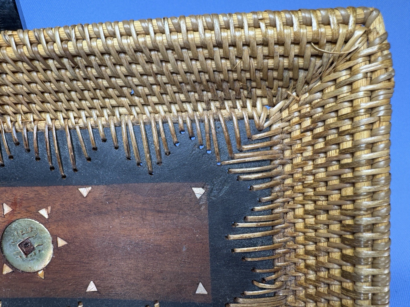 Vintage Chinese Wood Tray With Embedded Coin, Woven Sides Inlaid Wood 10x6x1