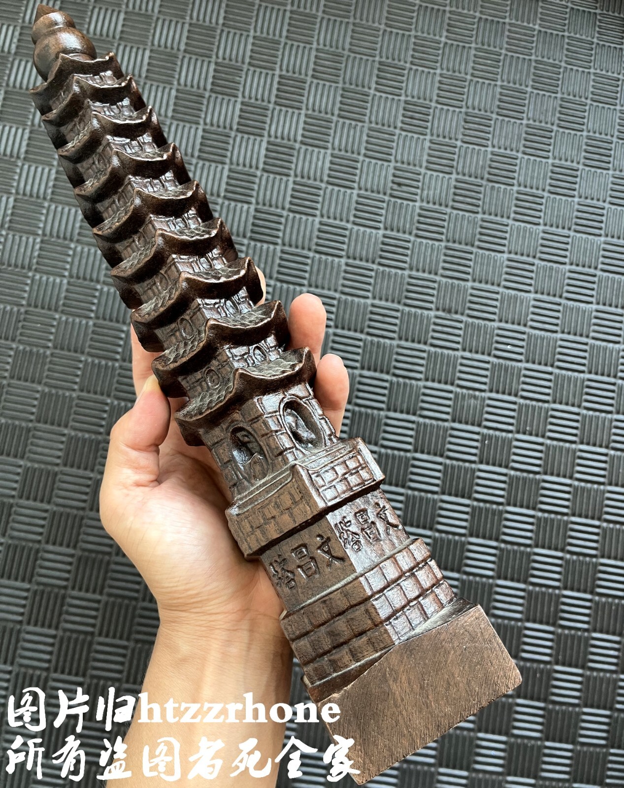 14.5″ Natural Eaglewood Carved Wen Chang Tower Statue Pagoda Feng Shui Home Deco