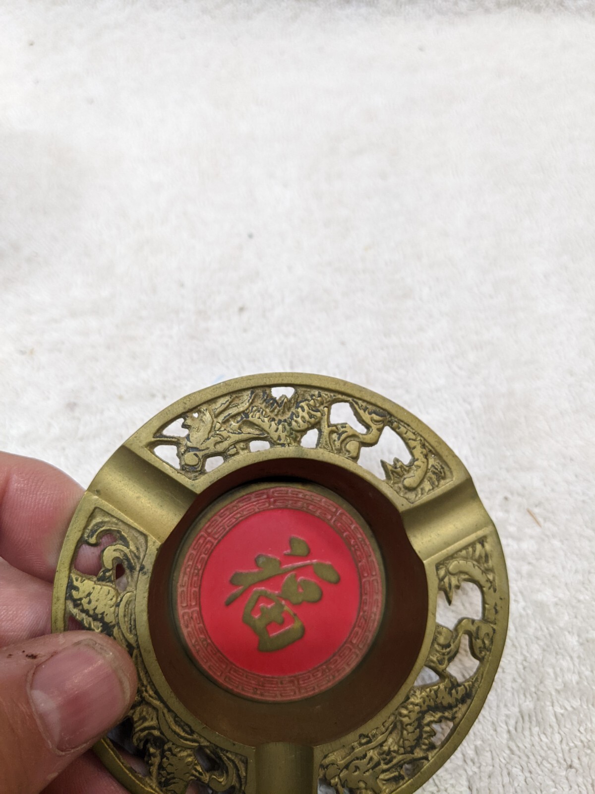 Vintage Chinese Brass Red Enamel Shou Long Life Ashtray Phoenix Birds 3.25″ Set
