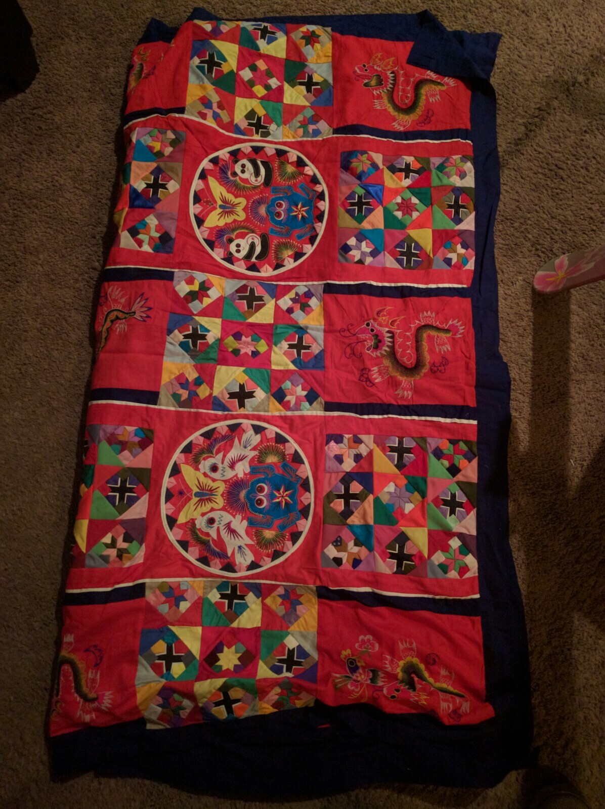 Vntg multi-color Chinese “bai Jim bie” Folk Art Quilt 59” x 59” 3D Textile Art