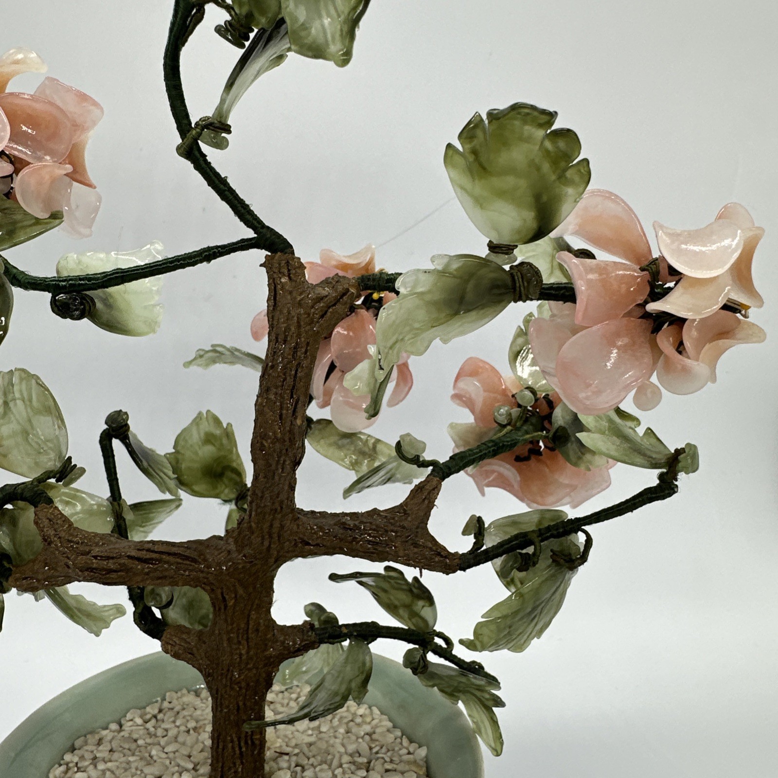 Vtg Chinese Jade Glass Cherry Blossom Bonsai Tree Pink Flower Celadon Pot 11×9.5