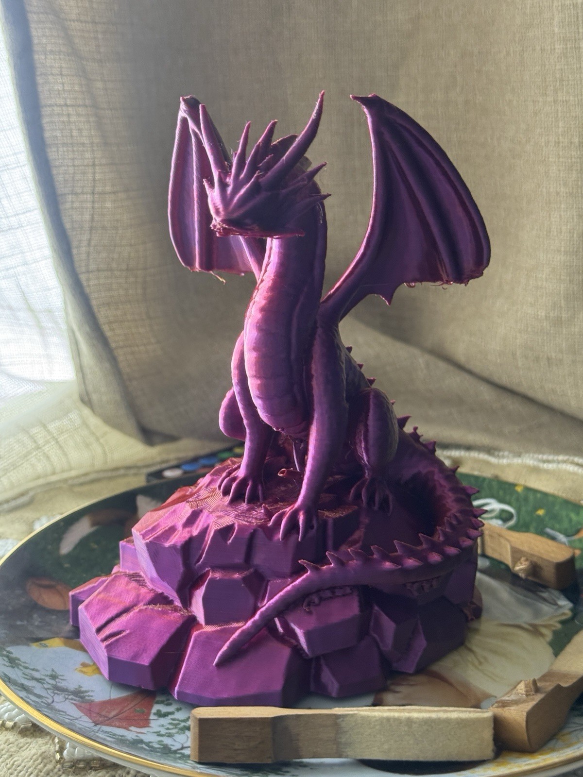 BICOLOR Dragon Figurine (Violet & Gold) Mouth Damaged! – H 6.5” × W 5” × D 4.5”