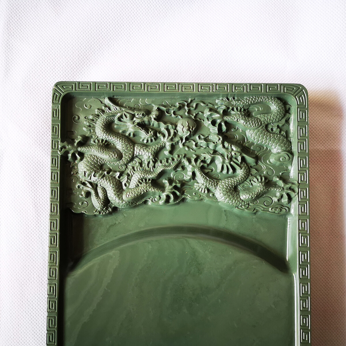 8″ China Natural Original Stone Hand-carved Two Dragon Playball Inkstone Inkslab