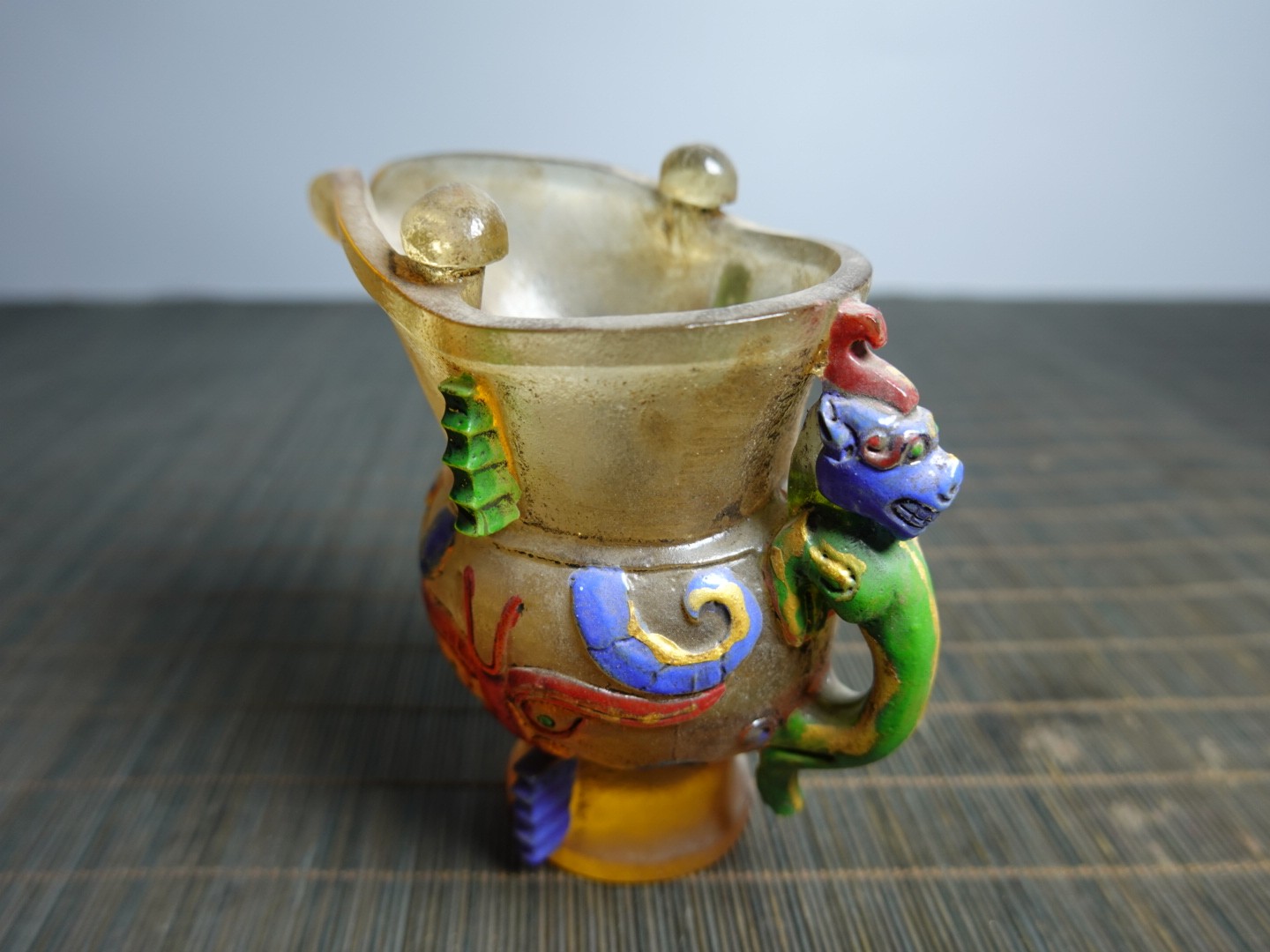 3.9″ Collect Old China Coloured Glaze Painted Beast Mask Taotie Design Jue Cup