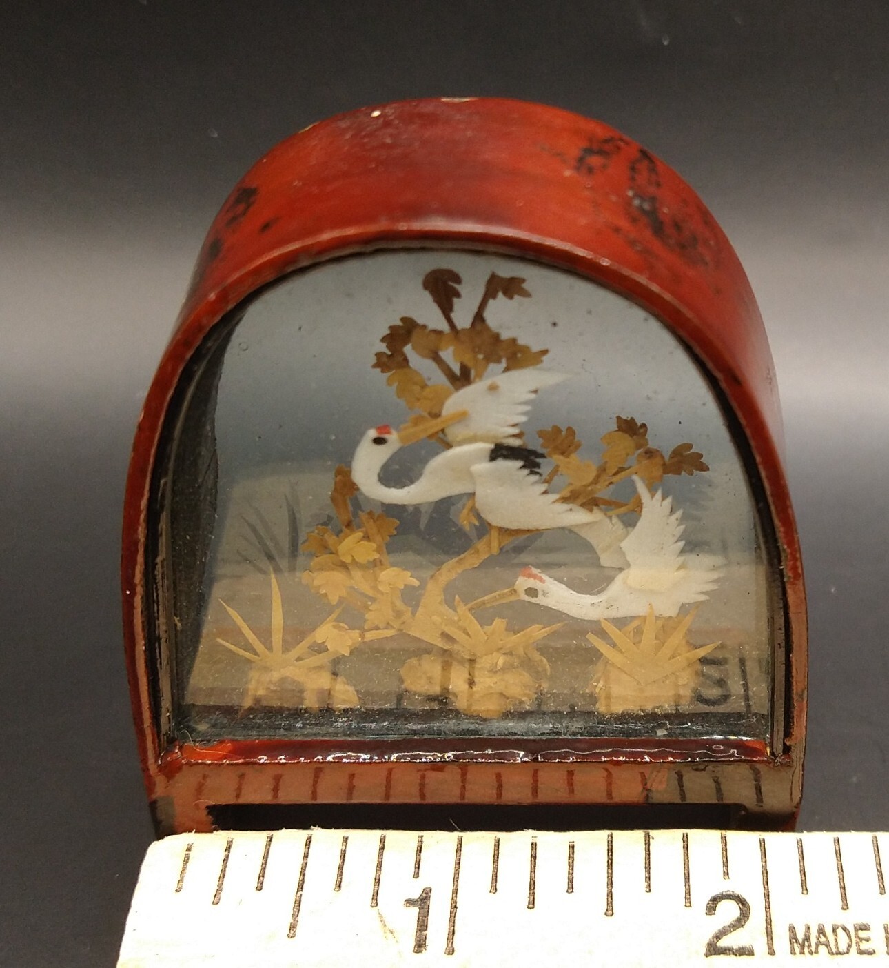 Vintage Chinese Cork Small Diorama Cranes & Trees Arch Shaped Lacquered Wood