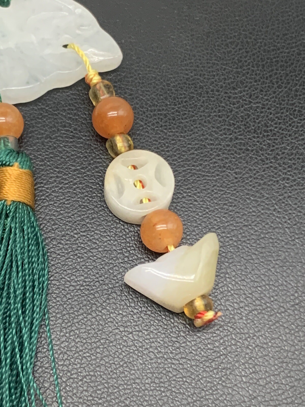 Vintage Chinese Natural Jade And Carnelian Beaded Lucky Charm Tassel Pendant M2