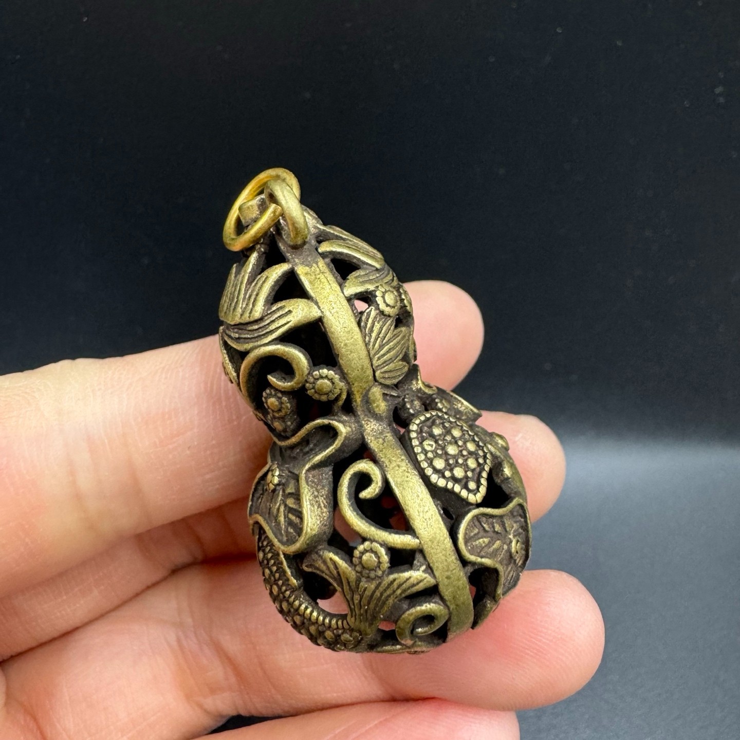 Vintage Brass Hollow Gourd Pendant Carp Lotus Fish Lucky Wealth Feng Shui Charm