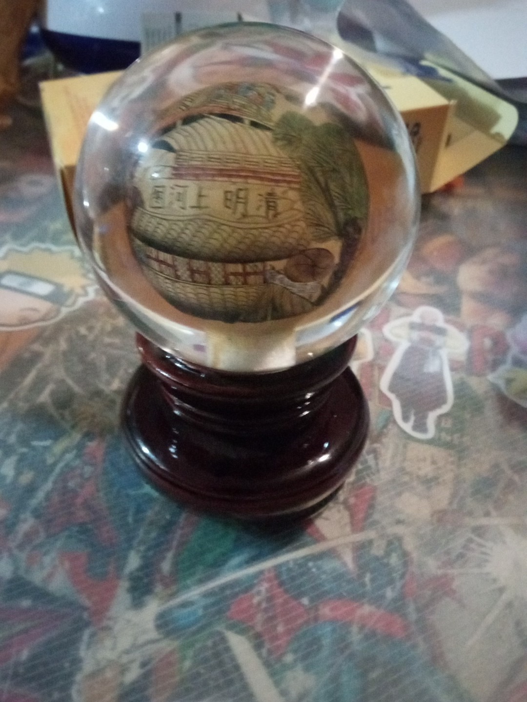 Vintage Chinese Hand Reverse Painted Glass Globe / Wooden Base Stand – 5″ Sphere