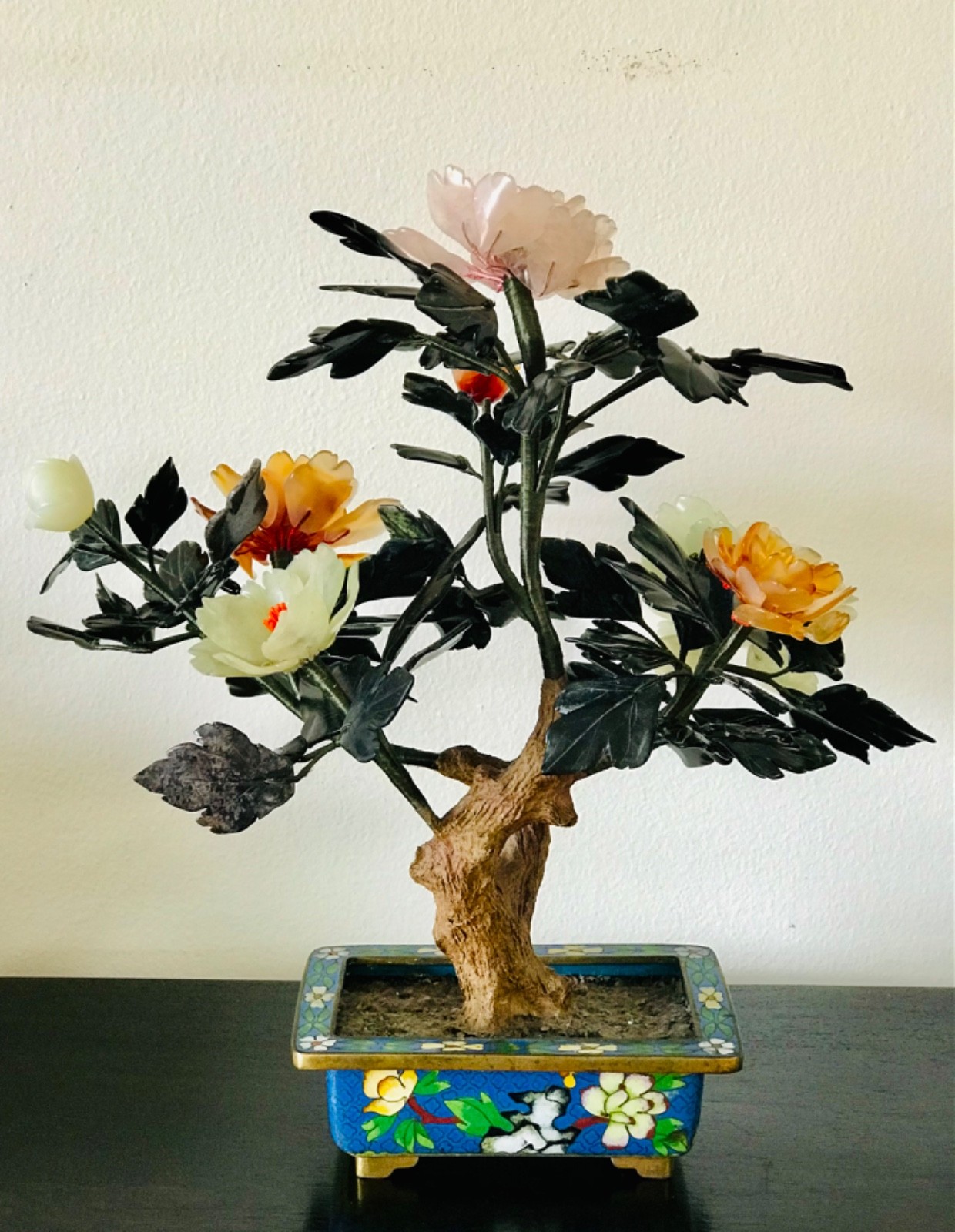 Chinese Vintage Jade Flower Tree in Cloisonne Pot 14″ Inches Tall