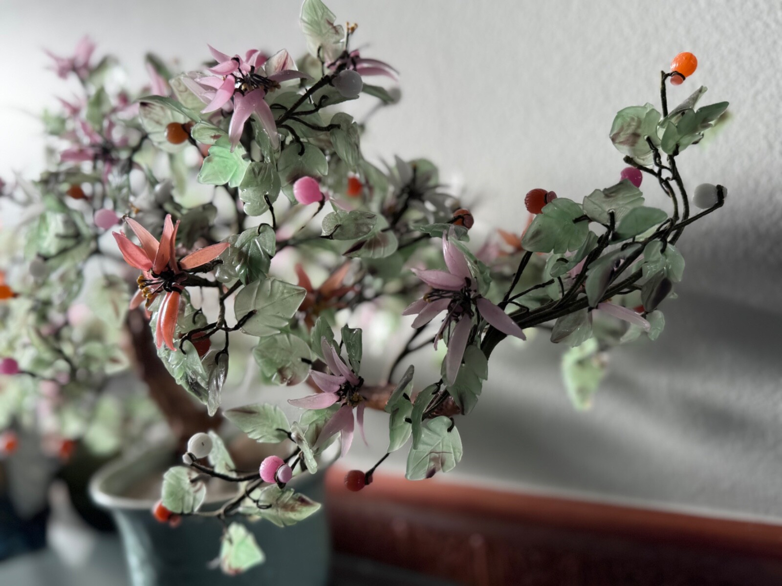 VTG Asian Jade Multicolor Flower Bonsai Tree Celadon Pot 8” Tall 11” Across C2