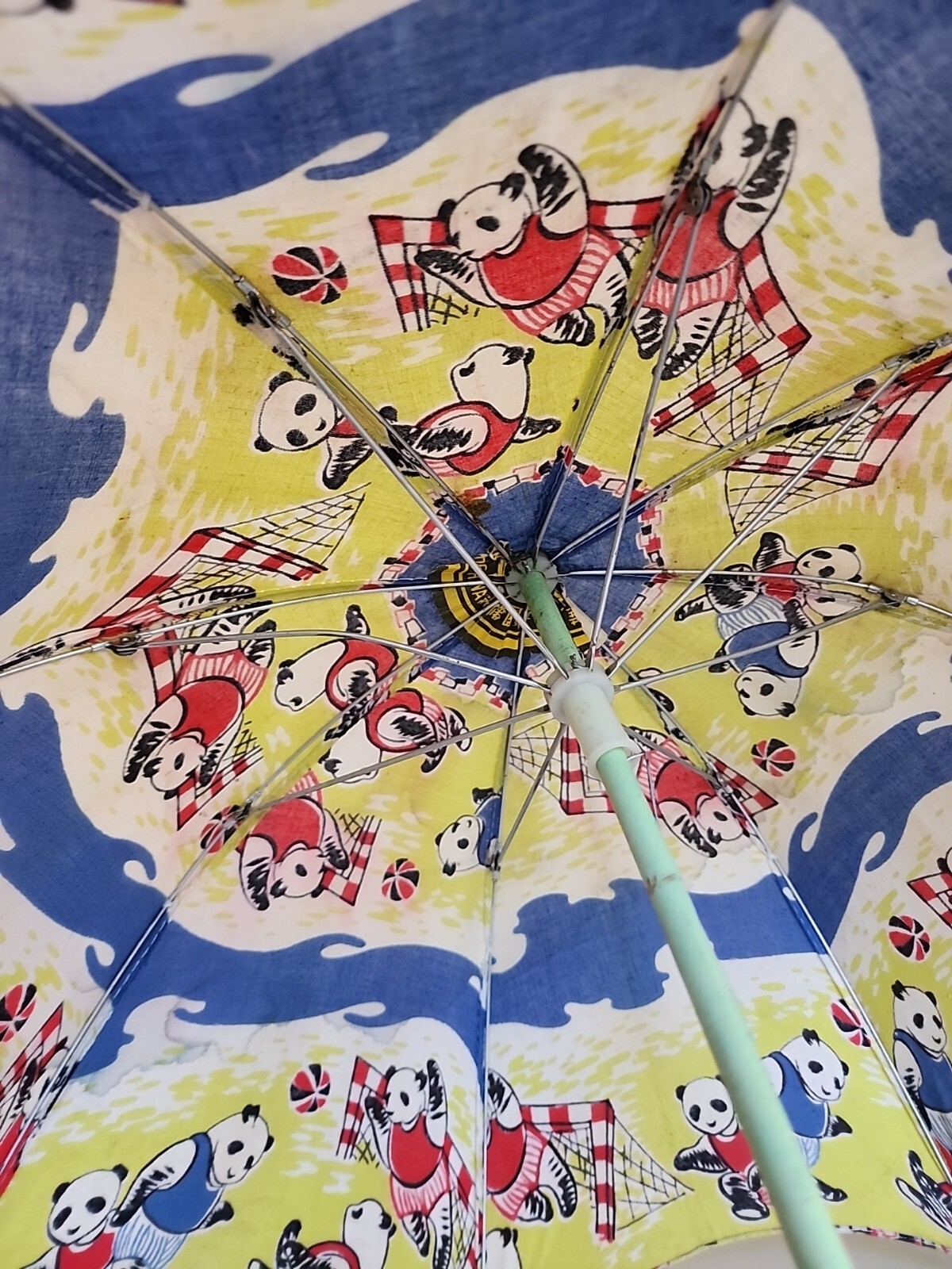 Vintage Chinese Childrens Umbrella Panda Bears Playing Soccer 17″ Long