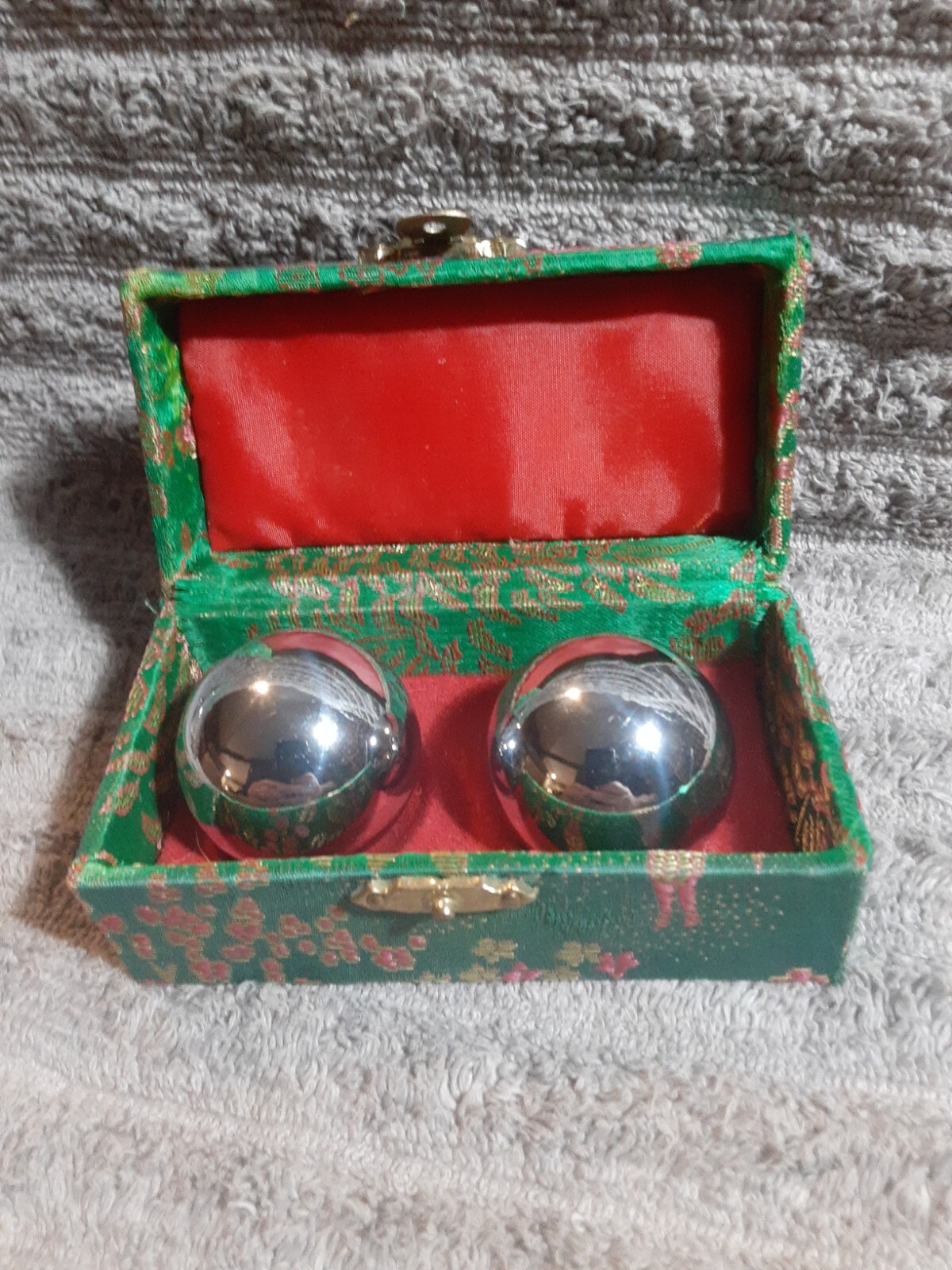 1980’s Chinese Baoding Balls Metal Exercise Balls Stress Relief in tapestry Box